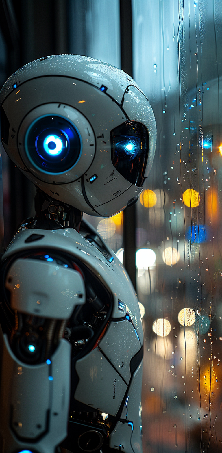 صورة مولدة بالذكاء الاصطناعي: Midjourney prompt: A sleek, white humanoid robot with glowing blue ey... (نموذج Midjourney - تصوير فوتوغرافي)
