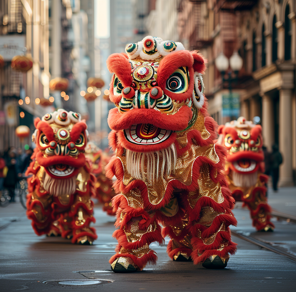 AI generated: Midjourney prompt: red and gold lion lion dancers on a street, in the... (Midjourney - Concept Art)