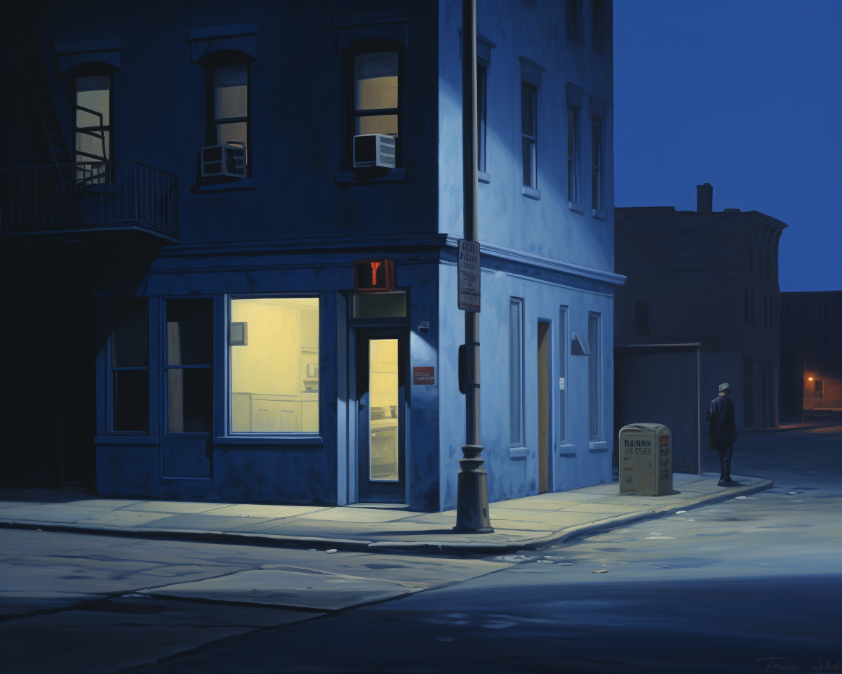 Midjourney prompt: oil painting of an empty street corner at night,... - Midjourney