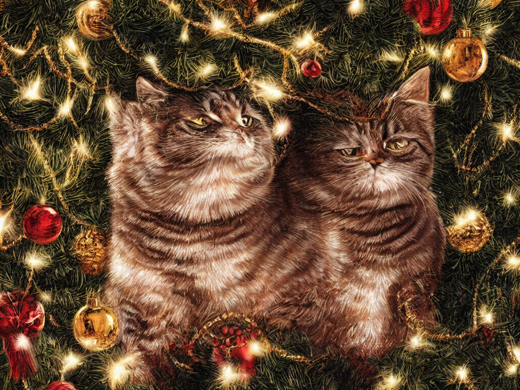 Stable Diffusion prompt: cat, christmas tree, masterpiece...