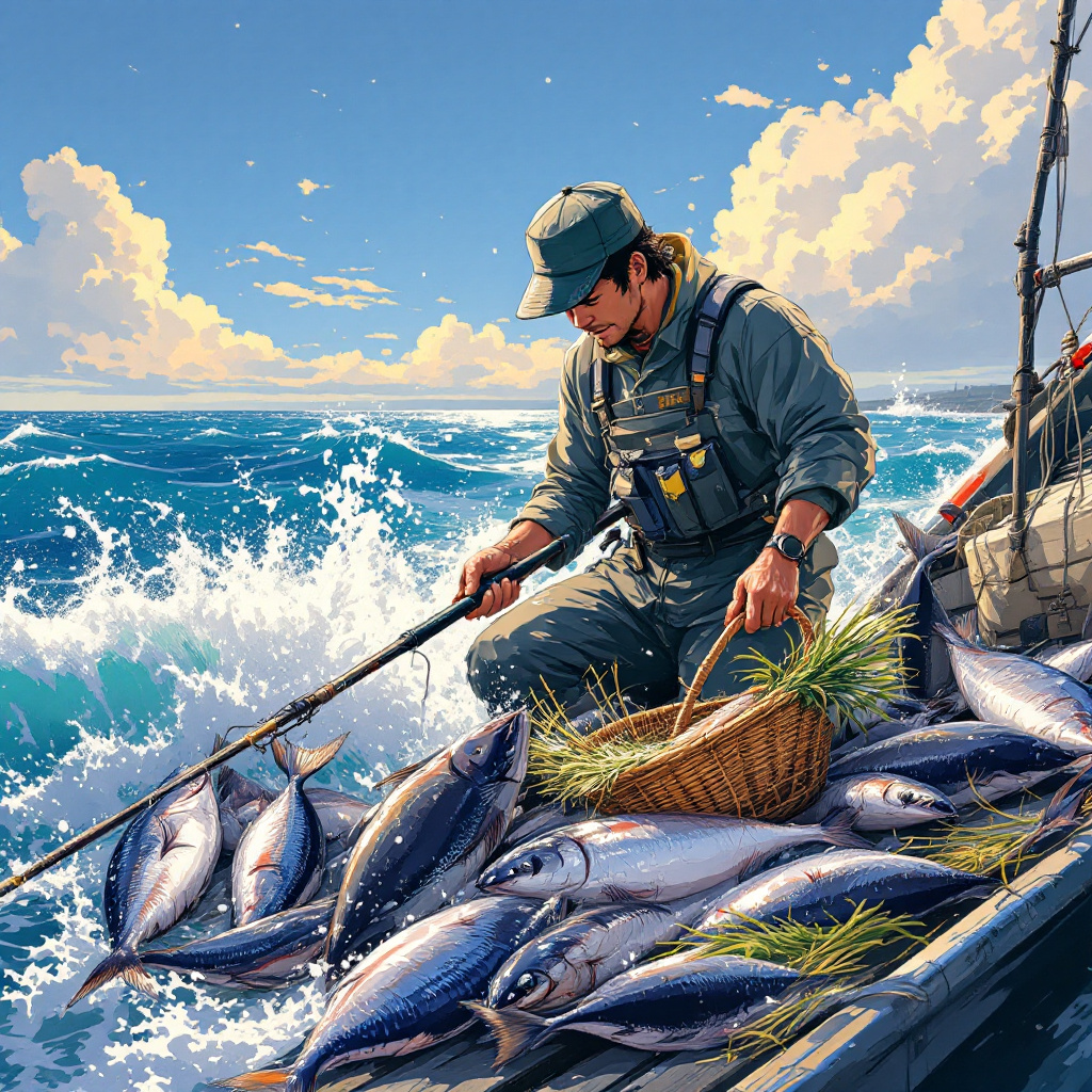 صورة مولدة بالذكاء الاصطناعي: FLUX prompt: Harvest the fish catch, japanese anime style, fish... (نموذج FLUX - أنمي)