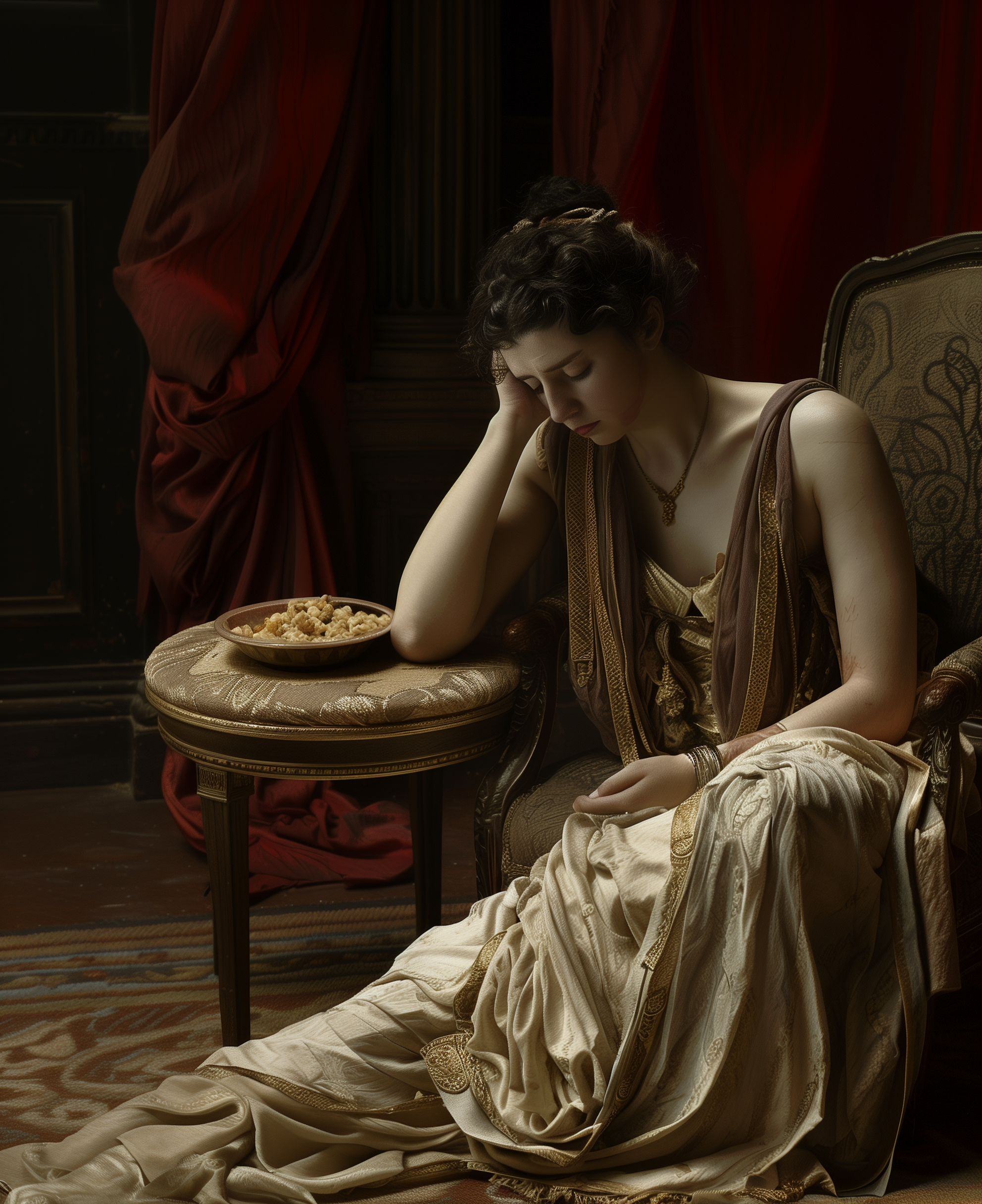 AI generated: Midjourney prompt: A woman in ancient Greek dress sits on the edge of... (Midjourney - Character Design)