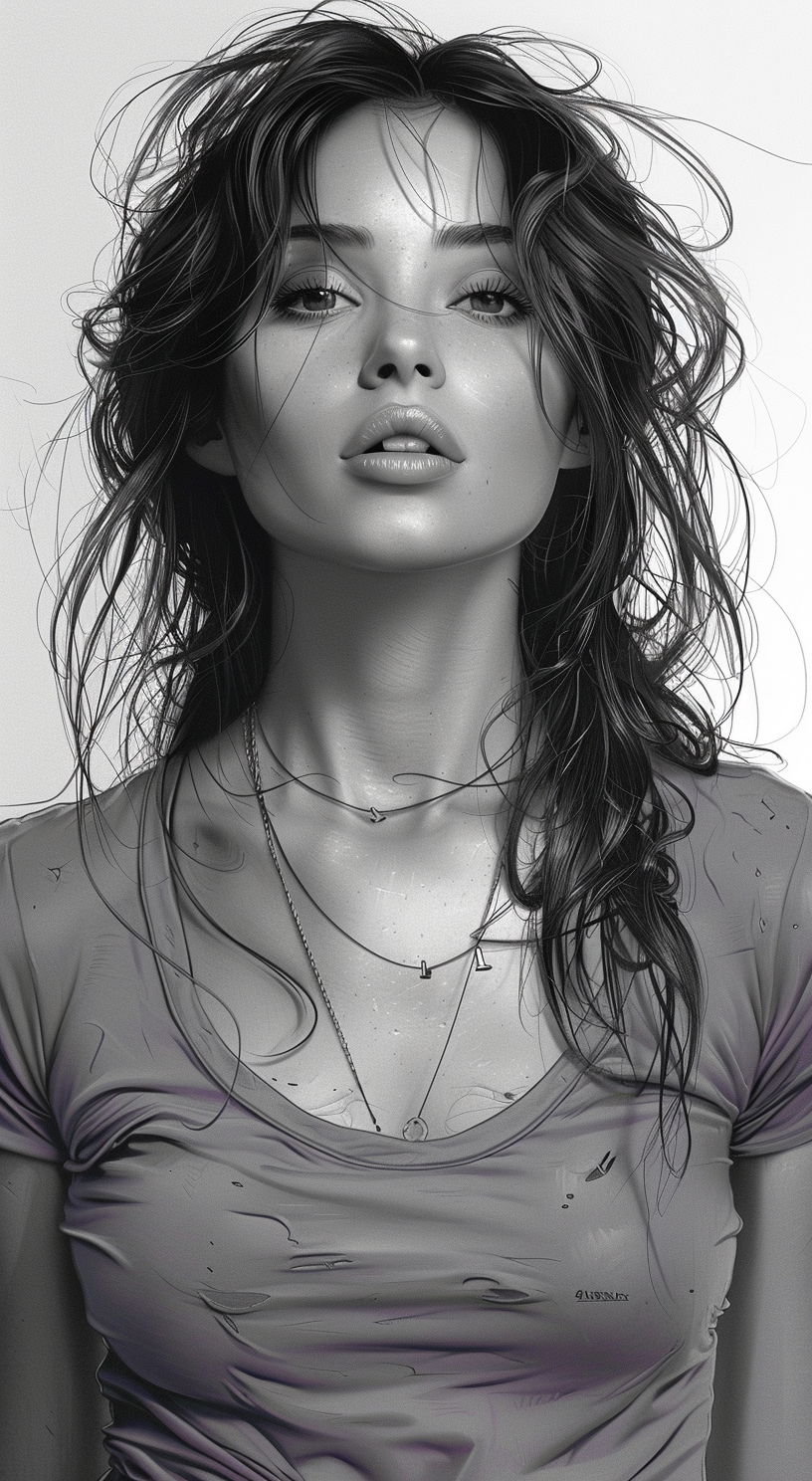 Midjourney prompt: black and white portrait of a woman wearing a tshi... - Midjourney