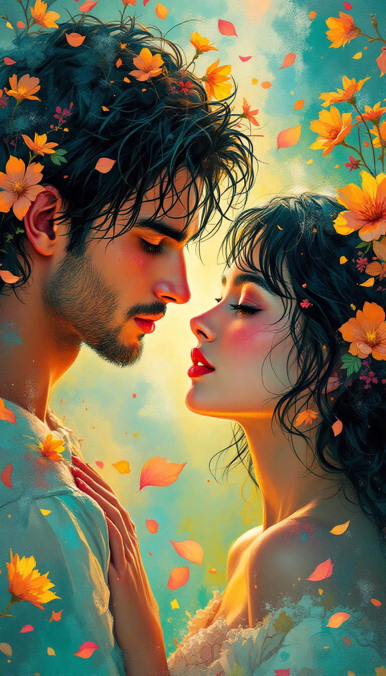 صورة مولدة بالذكاء الاصطناعي: FLUX prompt: A mesmerizing, painterly-style romantic portrait o... (نموذج FLUX - صور شخصية)