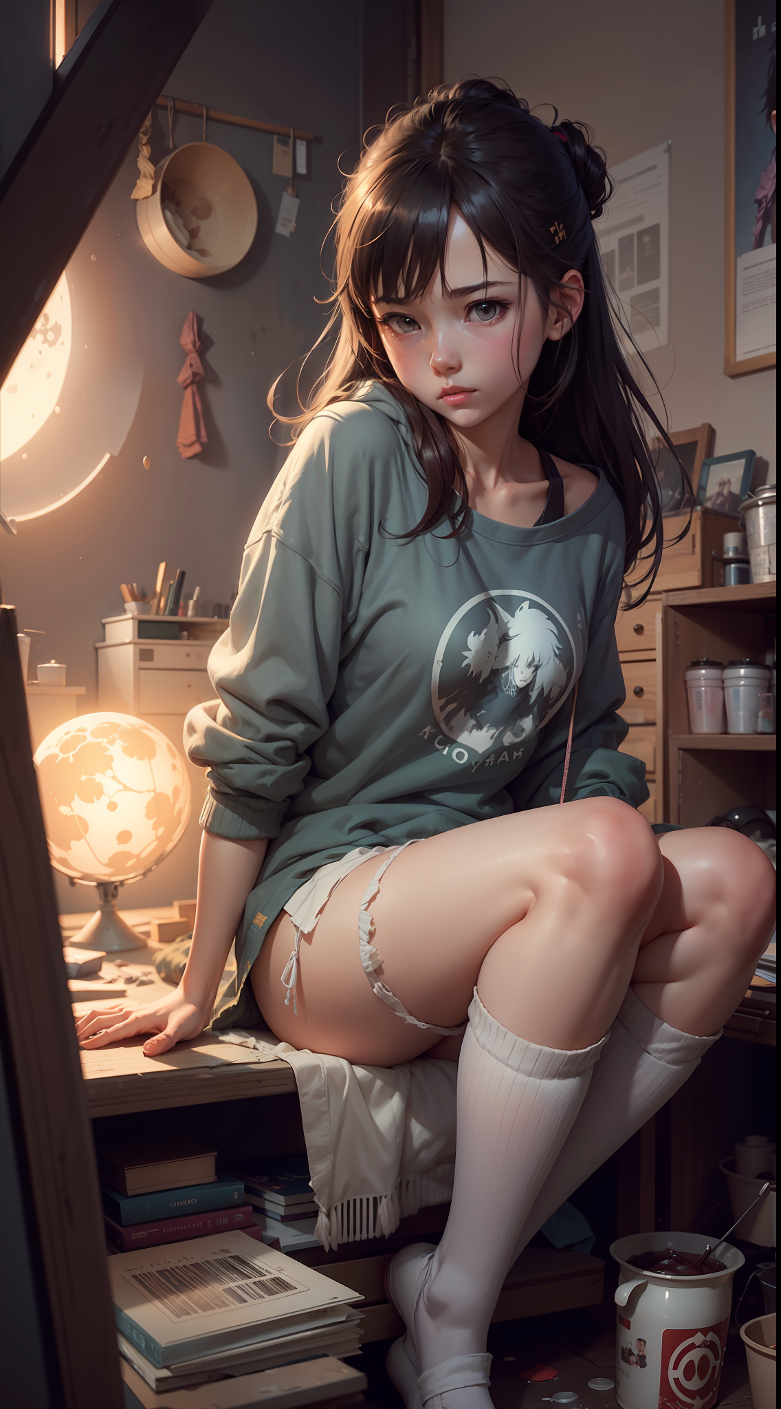 صورة مولدة بالذكاء الاصطناعي: ReV Animated prompt: a girl, sitting in her messy room, in a room full ... (نموذج ReV Animated - أنمي)