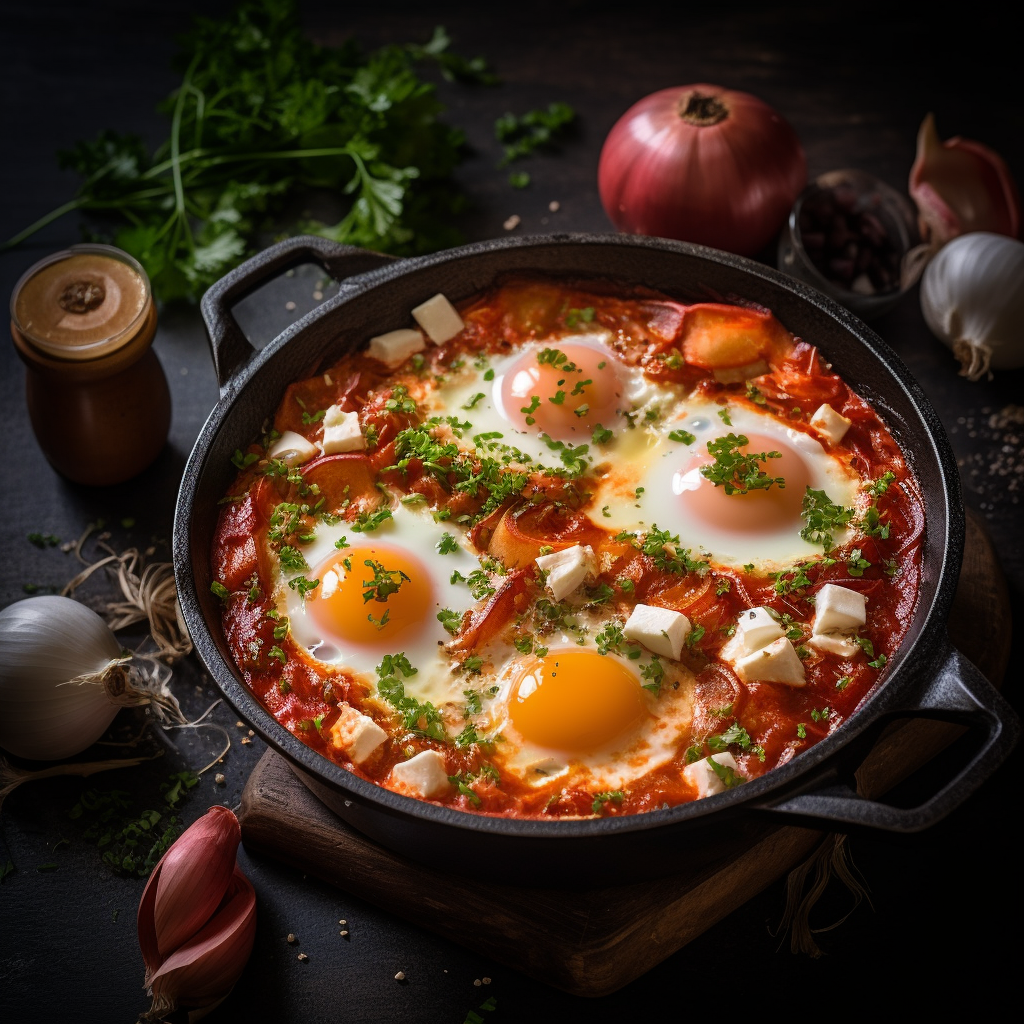 AI generated: Midjourney prompt: Food photography, shakshuka, top view,in a luxurio... (Midjourney - Photography)