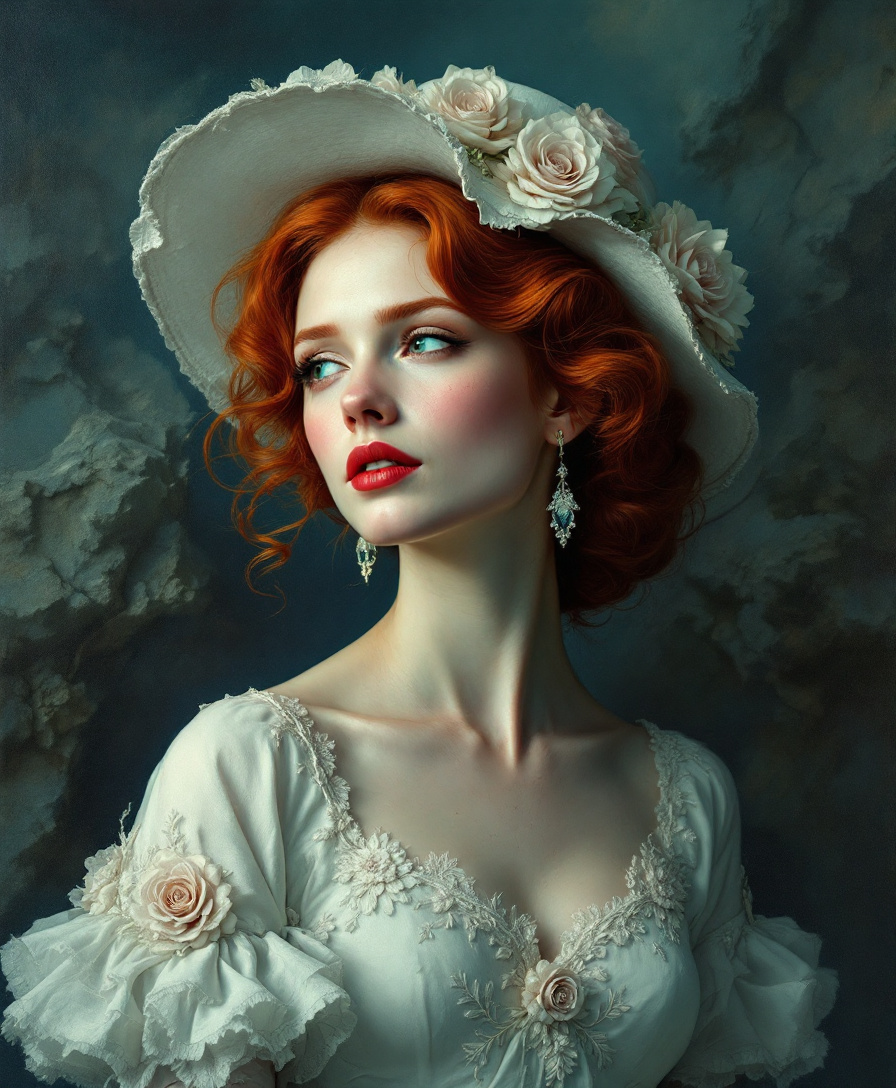 FLUX prompt: Oil painting of a red-haired woman with a white ha... - FLUX