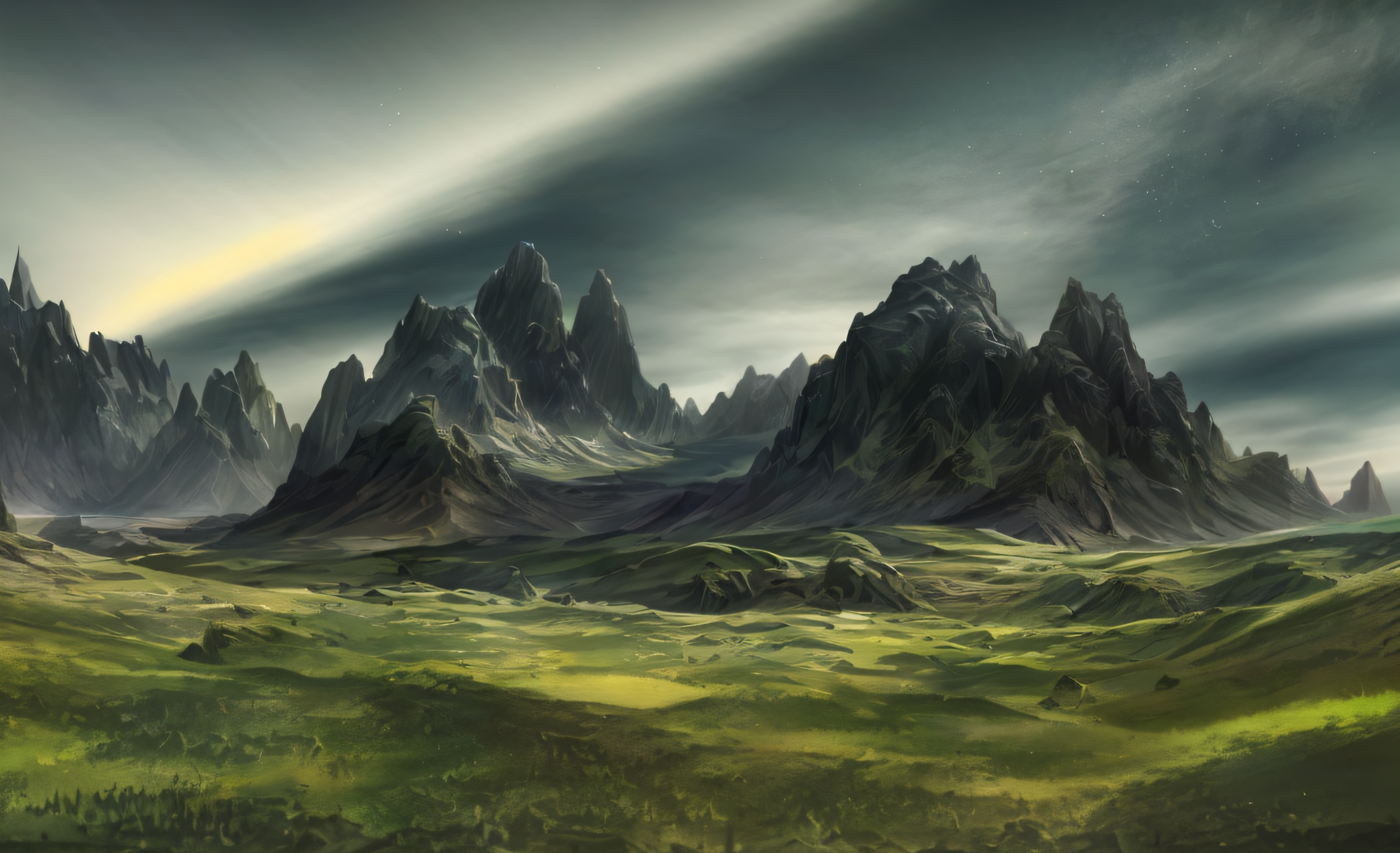 AI generated: Anything prompt: mountains in the distance with a grassy field in f... (Anything - Landscapes)