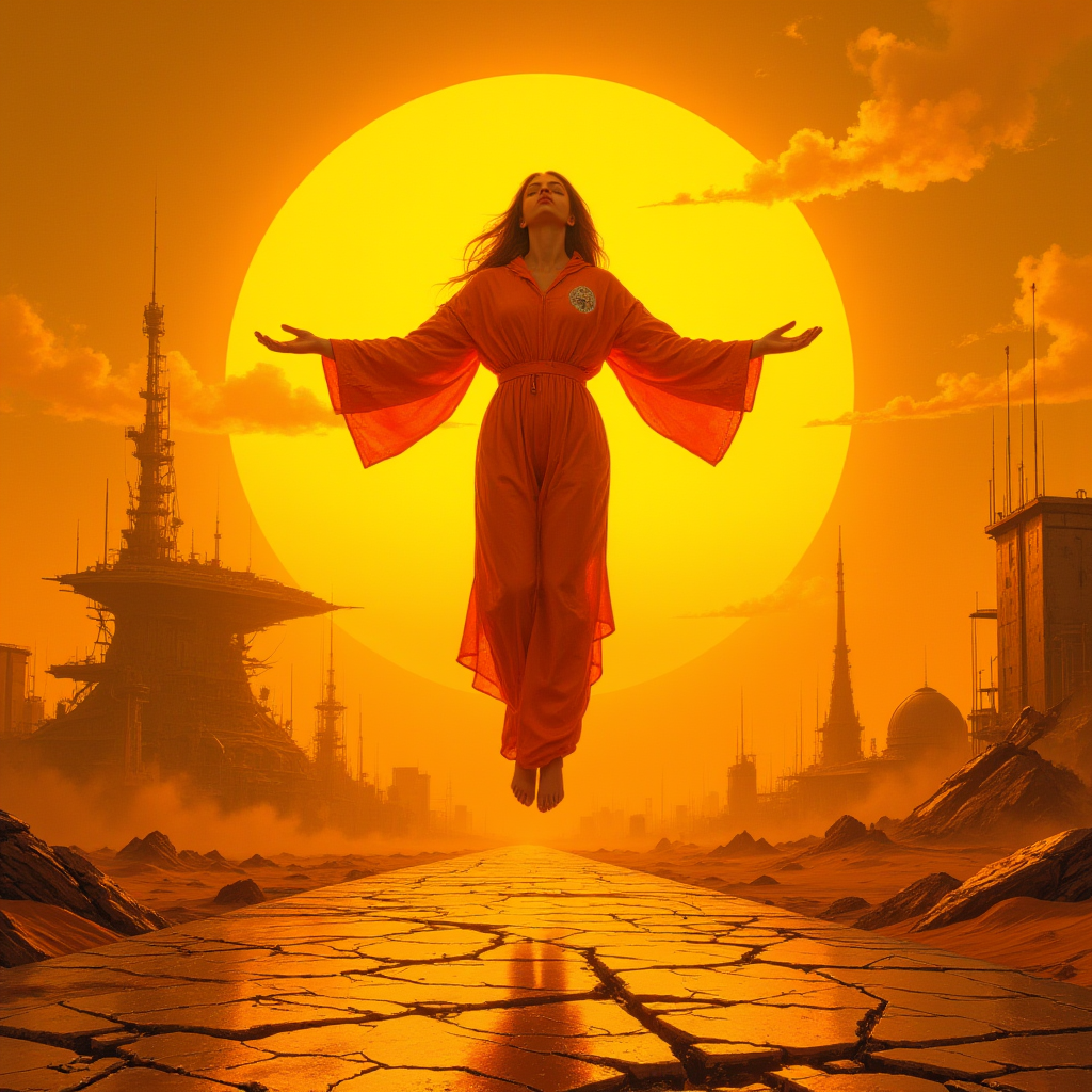 صورة مولدة بالذكاء الاصطناعي: FLUX prompt: Beneath twin suns filtered through dusty golden cl... (نموذج FLUX - Character Design)
