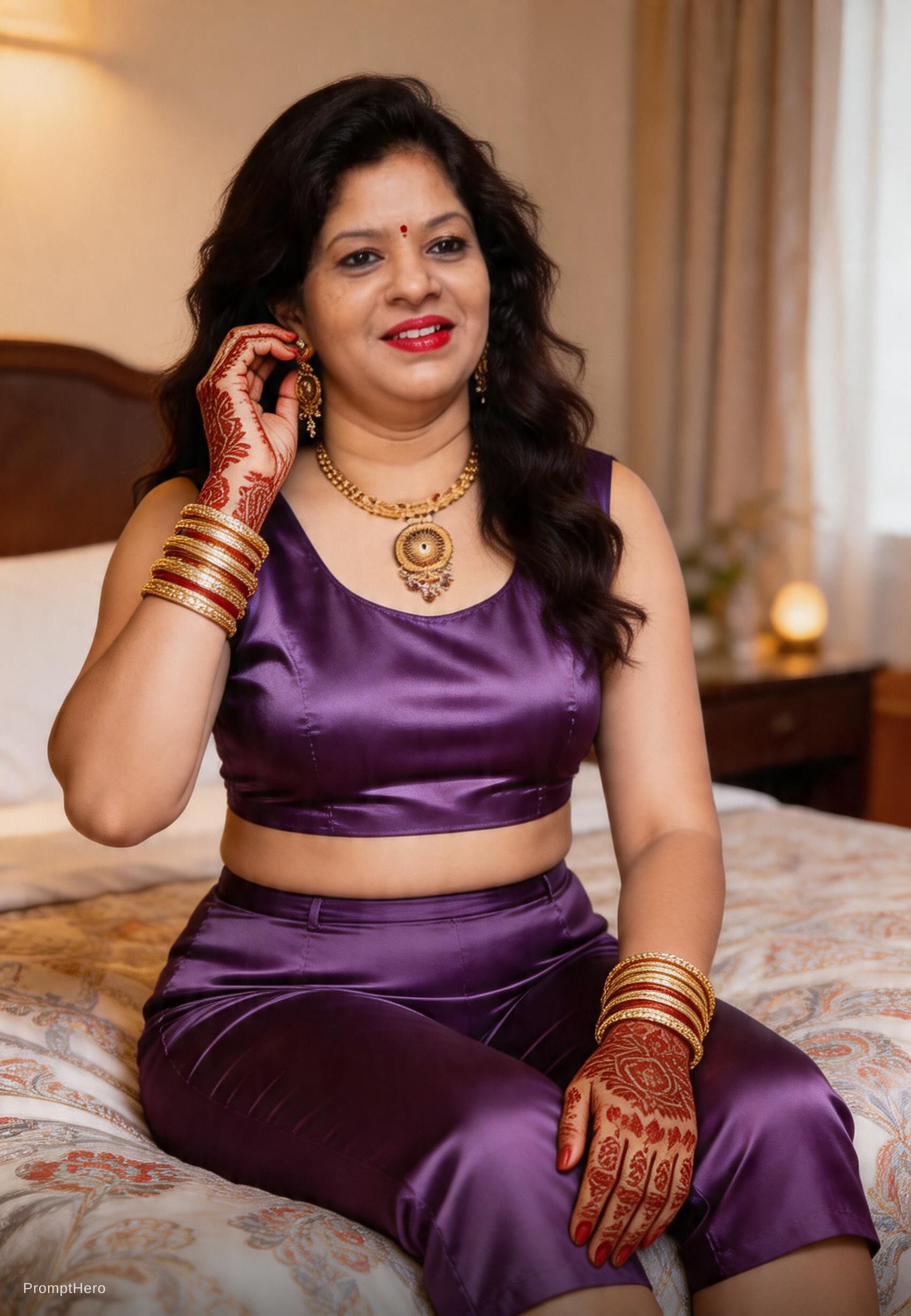 AI generated: Seedream 5 prompt: Curvy Indian woman with long dark wavy hair, sitti... (Seedream 5 - Interior Design)