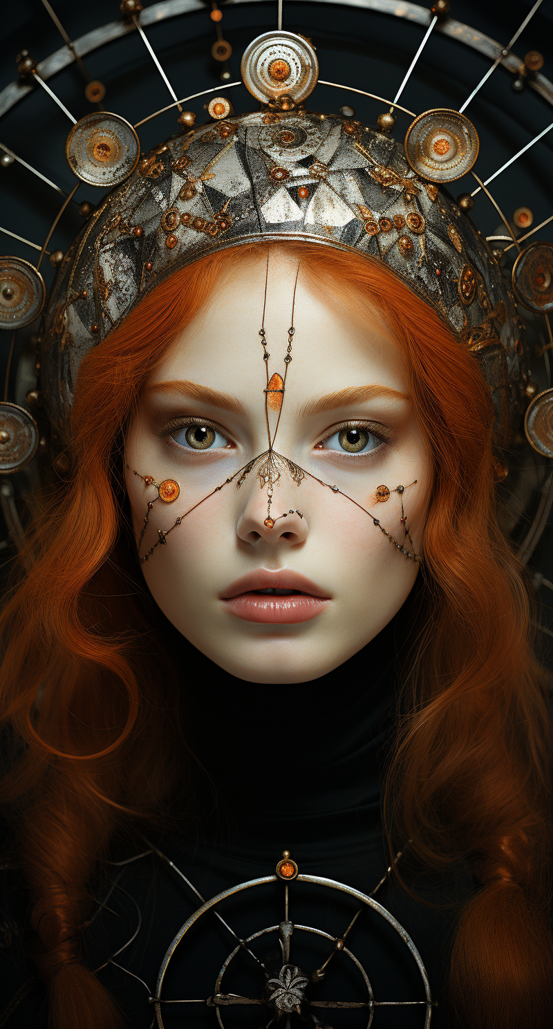 AI generated: Midjourney prompt: a woman is posing with freckled circles on her fac... (Midjourney - Portraits)