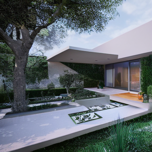 Stable Diffusion prompt: modern house with a garden, cine...