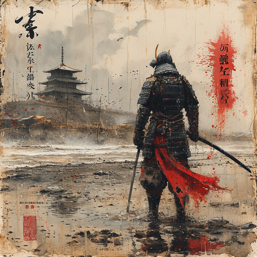 Midjourney prompt: water color painting of Shogun on a dreary gloomy ... - Midjourney