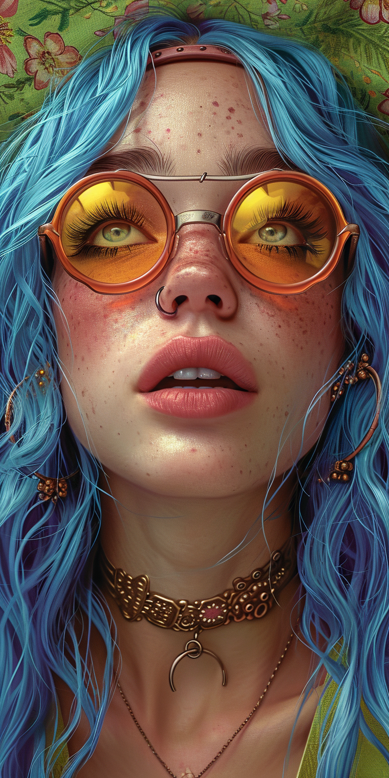 AI generated: Midjourney prompt: a girl with blue hair and sunglasses in colorful c... (Midjourney - Portraits)
