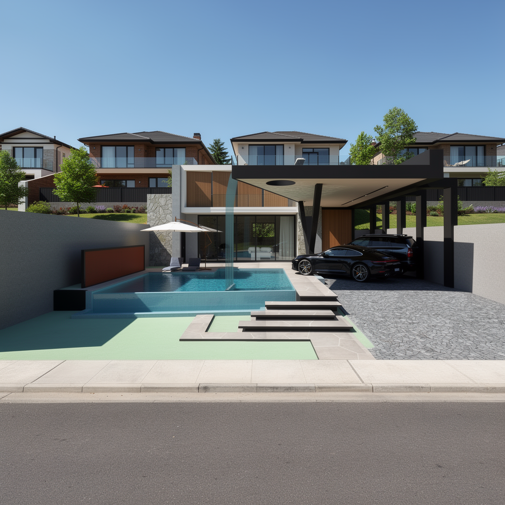 minimalist house facade concrete vegetation natural light
