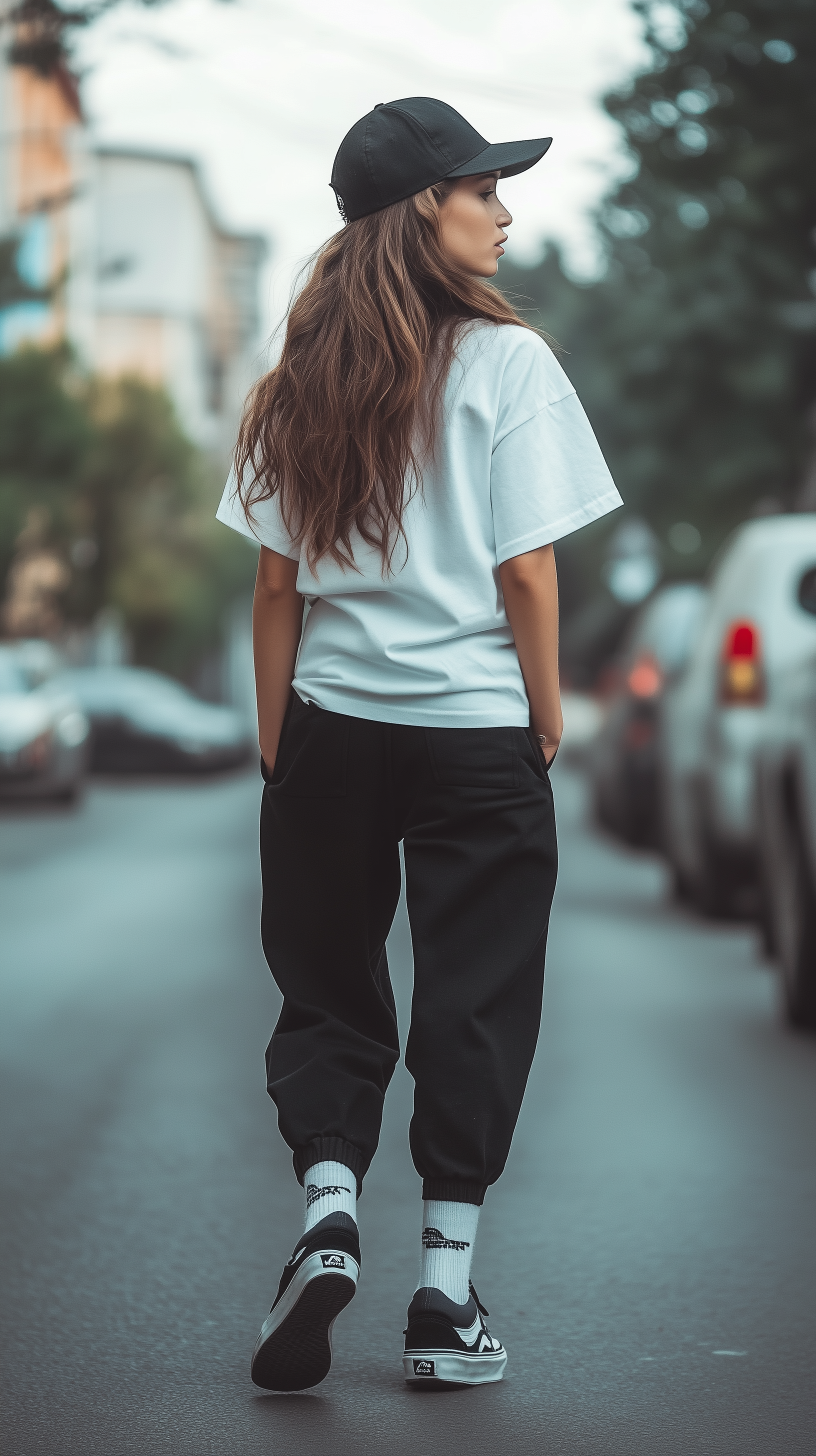 Midjourney prompt: photography, rear shot, woman, street fashion, wea... - Midjourney