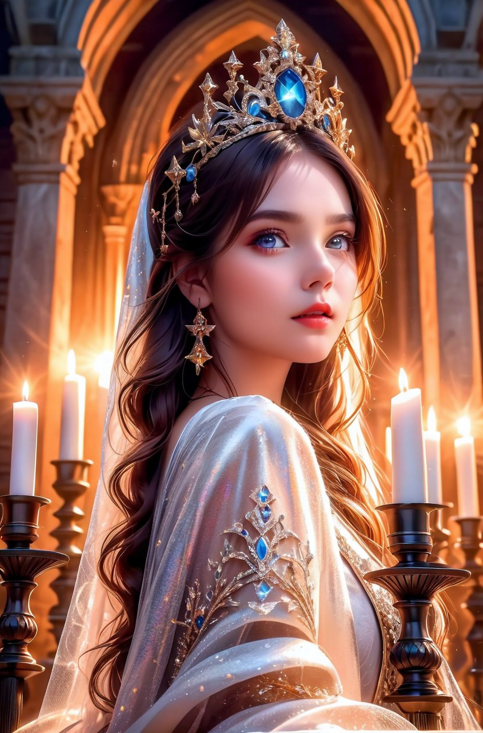 AI generated: Stable Diffusion prompt: beautiful girl in a scary dark castle, (with a can... (Stable Diffusion - Portraits)