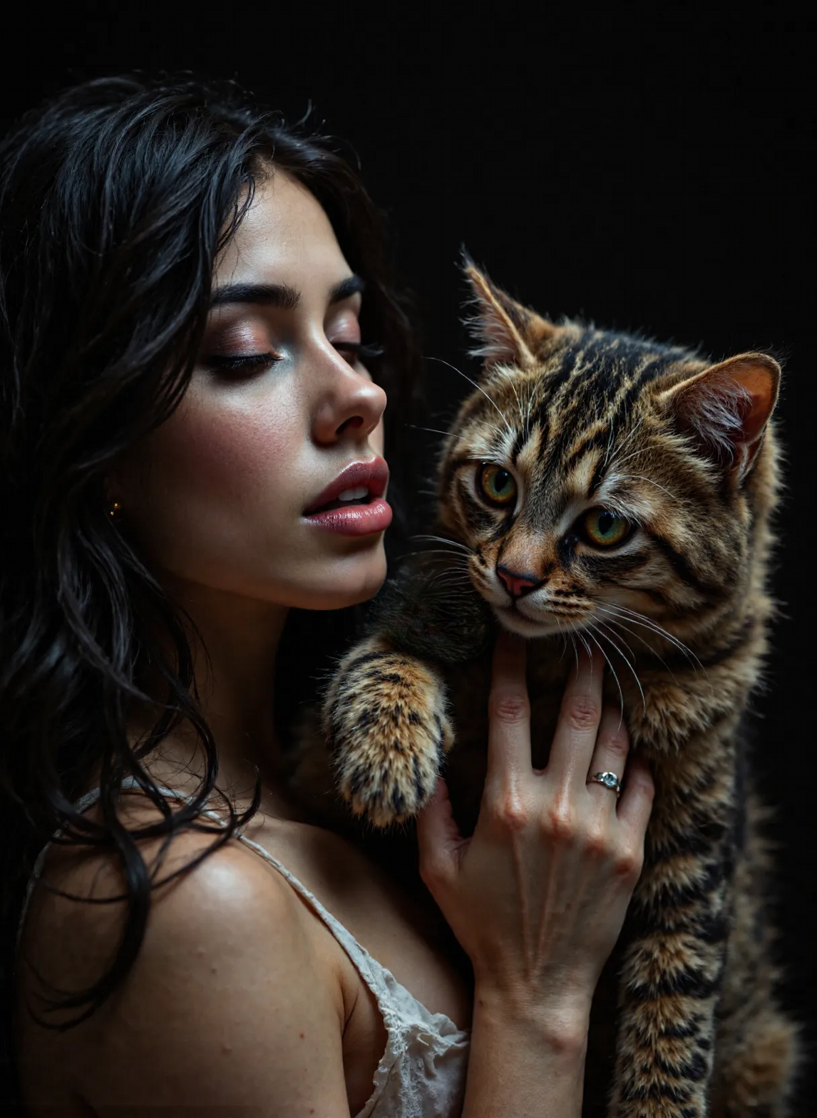 AI generated: FLUX prompt: The image depicts a close-up of a woman and her ca... (FLUX - Animals & Nature)