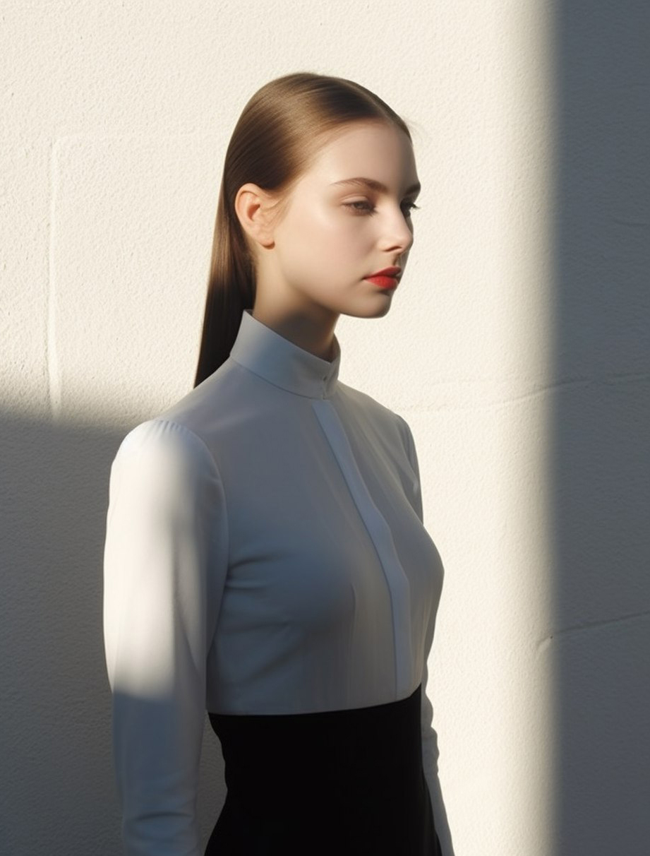 AI generated: Midjourney prompt: a woman standing in front of a white wall, inspire... (Midjourney - Photography)