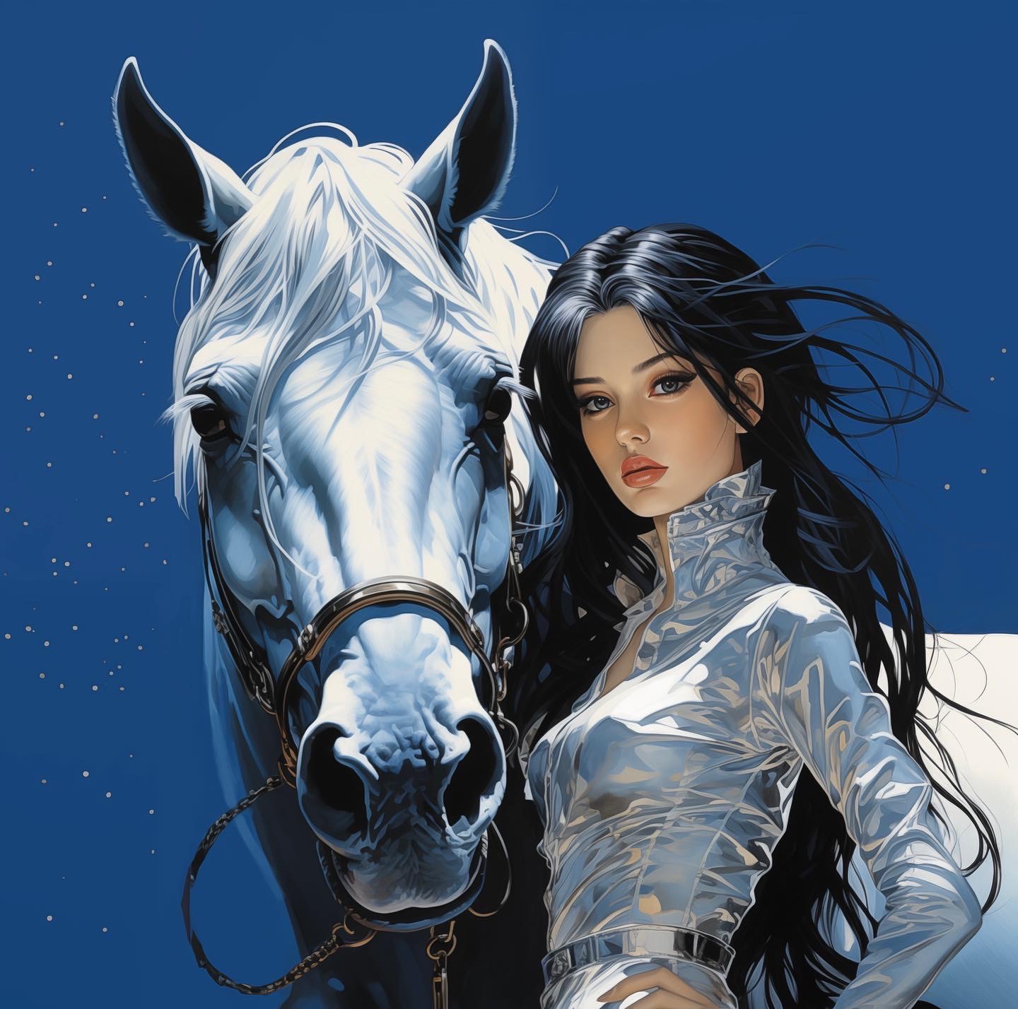 صورة مولدة بالذكاء الاصطناعي: Midjourney prompt: girl with horse, blue background, Hajime Sorayama ... (نموذج Midjourney - صور شخصية)