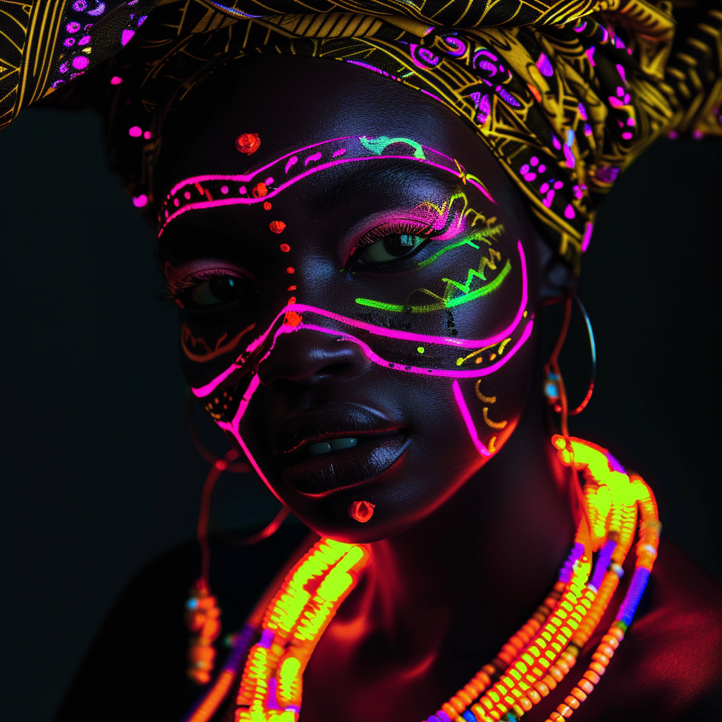 Midjourney prompt: girl, dark skin color, neon makeup all over her fa... - Midjourney