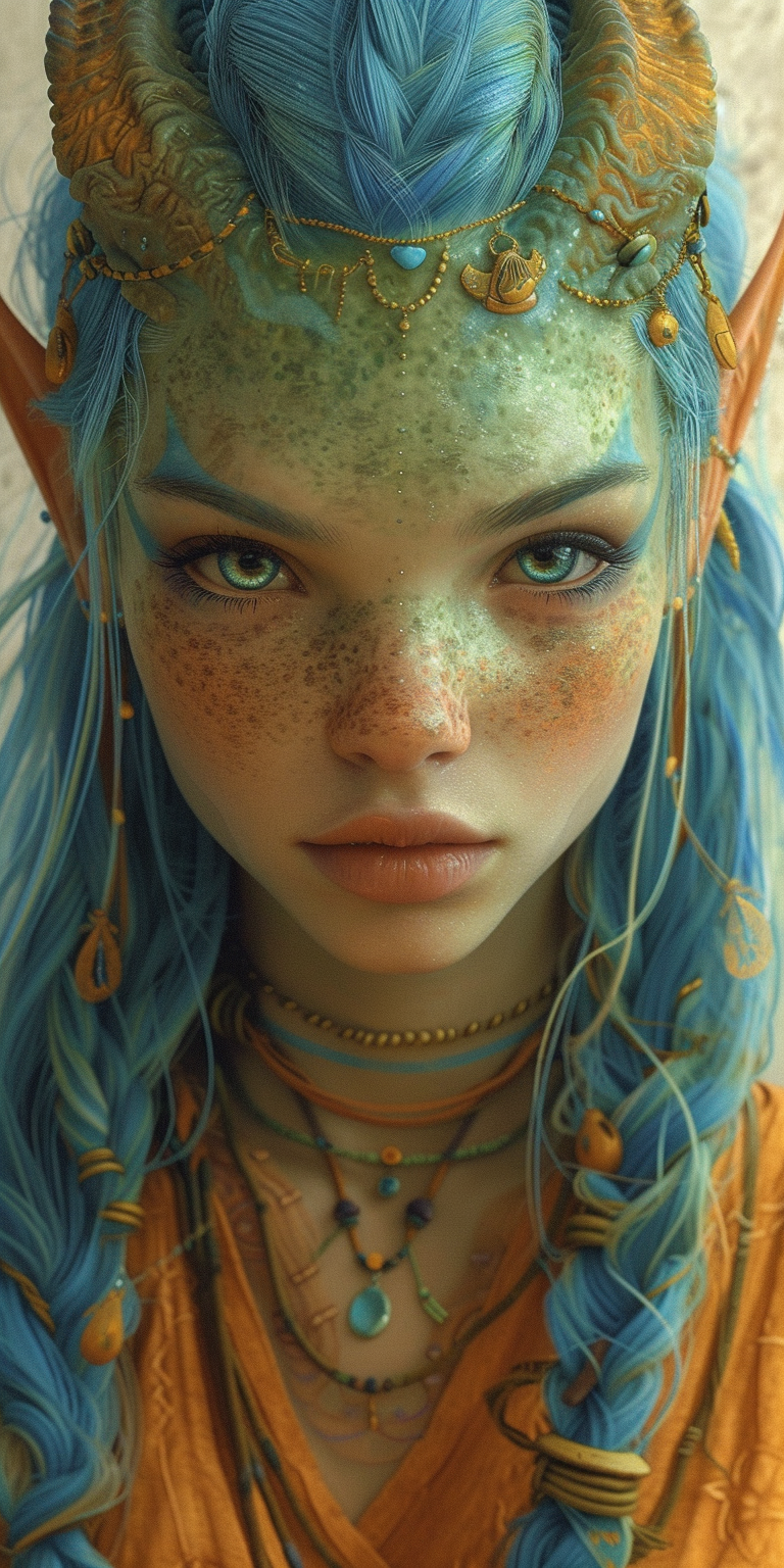 AI generated: Midjourney prompt: alien with blue hair by theo el, in the style of b... (Midjourney - Portraits)