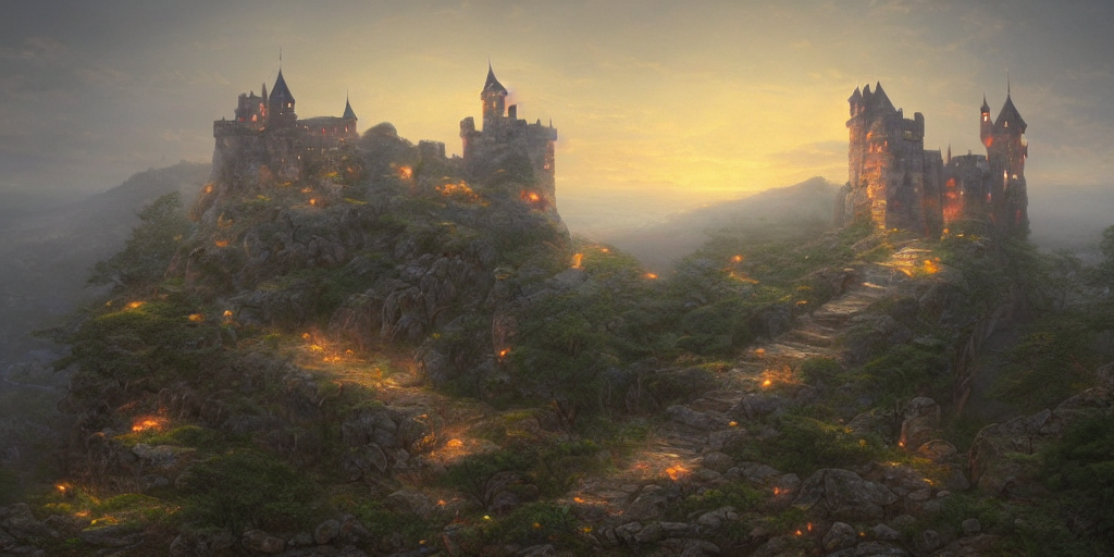 Stable Diffusion prompt: castle on top of a rocky hill, o...