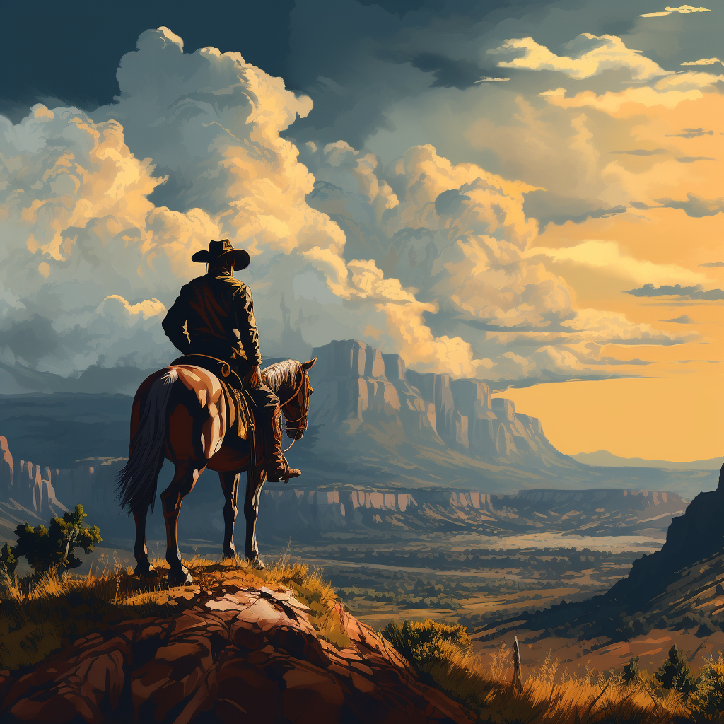 صورة مولدة بالذكاء الاصطناعي: Midjourney prompt: Western hills and a cowboy (نموذج Midjourney - مناظر طبيعية)