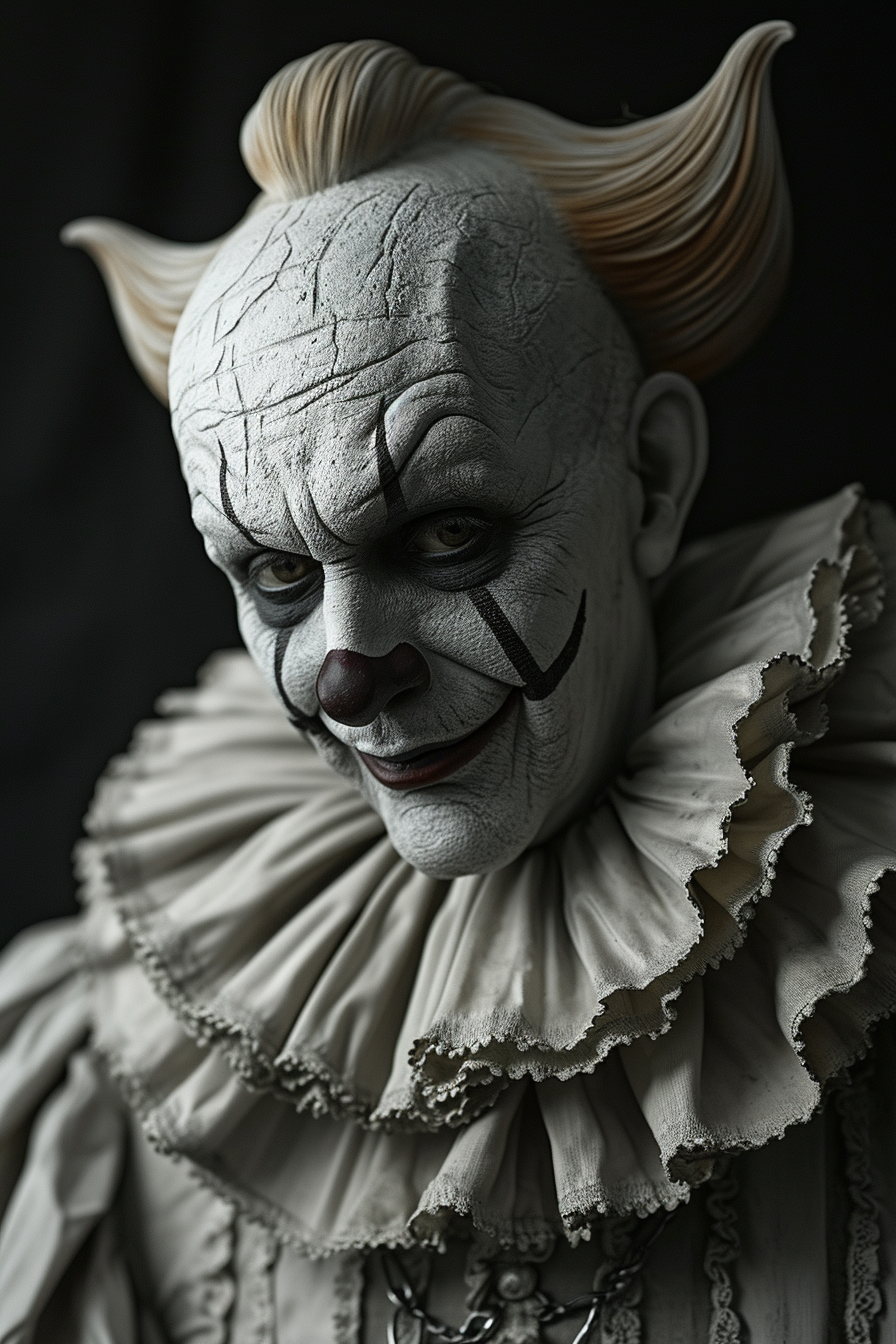صورة مولدة بالذكاء الاصطناعي: Midjourney prompt: Portrait of an evil pierrot, horror, grim, chiaros... (نموذج Midjourney - صور شخصية)