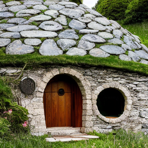Stable Diffusion prompt: house with stone bricks, circula...