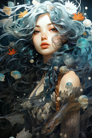 AI generated: Midjourney prompt: A mystical mermaid with flowing blue hair and irid... (Midjourney - Portraits)