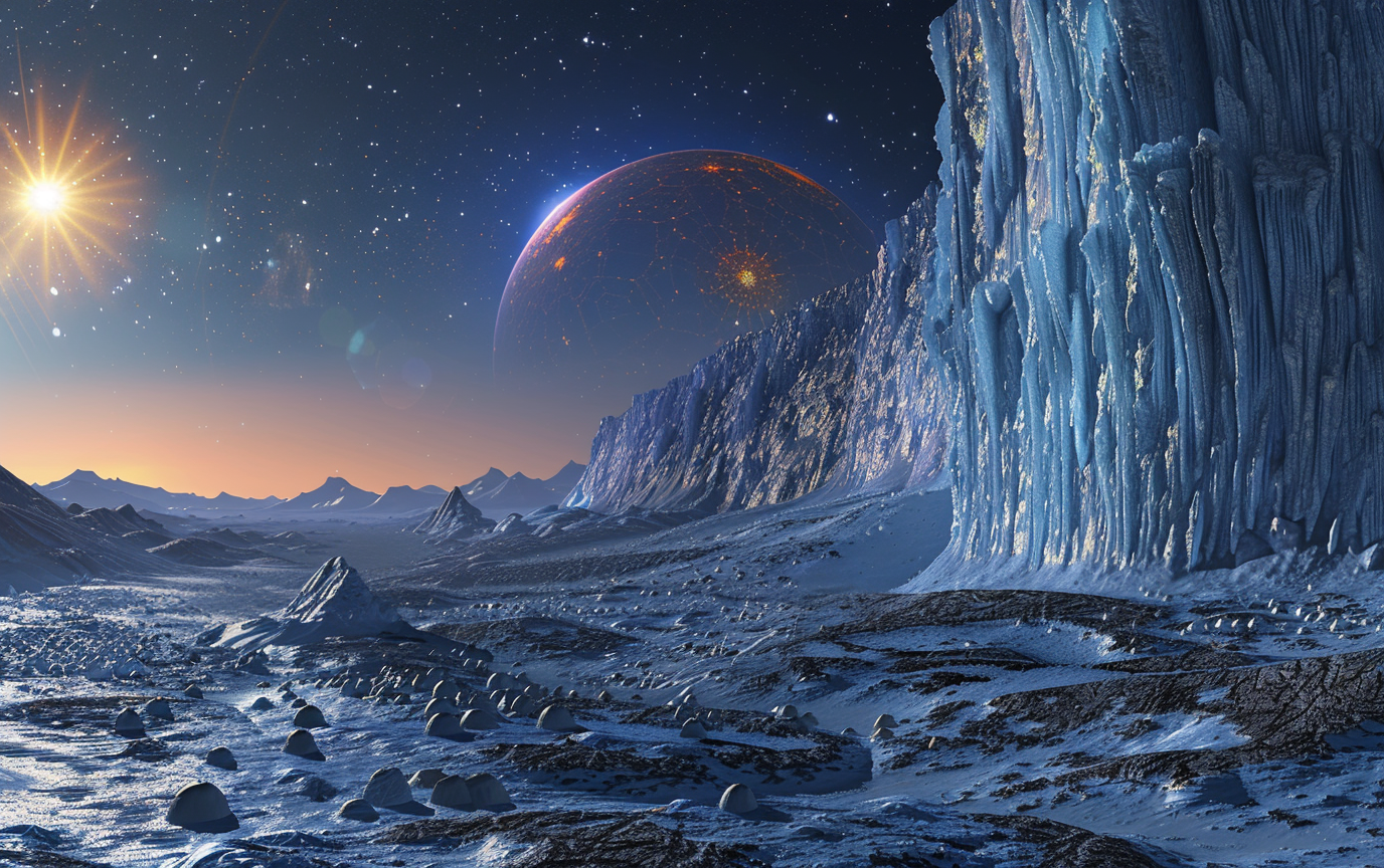 Midjourney prompt: An icy landscape under the glow of an alien sun, w... - Midjourney