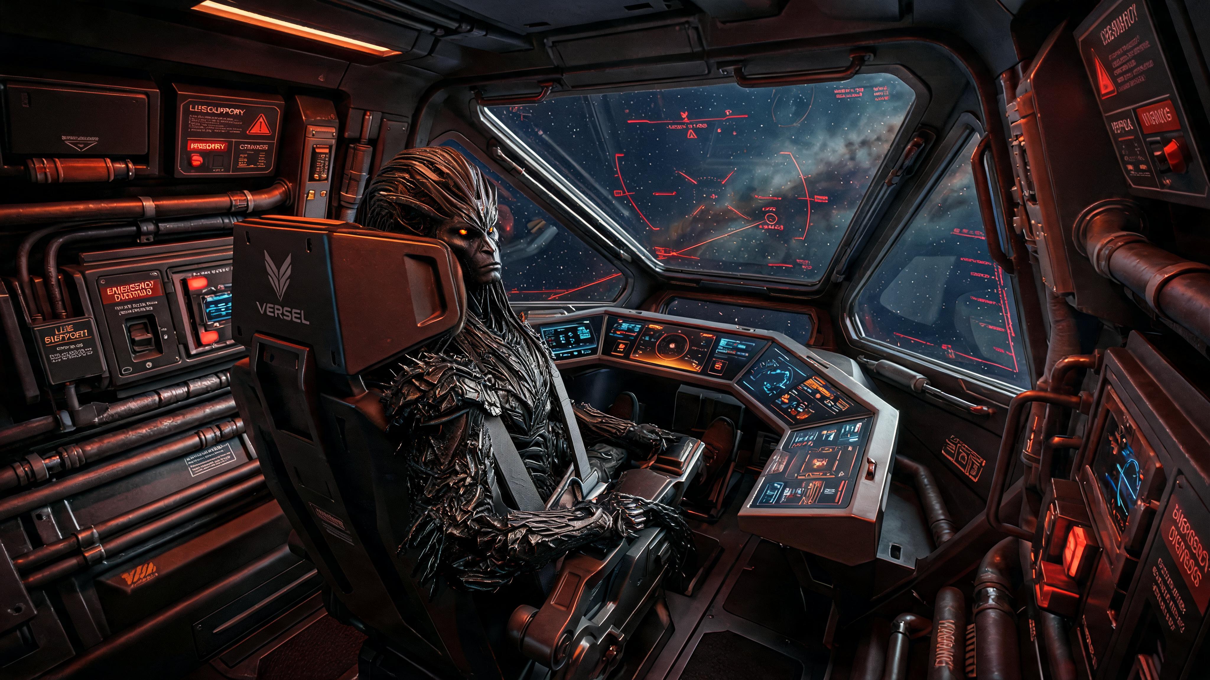 صورة مولدة بالذكاء الاصطناعي: Seedream 5 prompt: Dark alien warrior (image 1) strapped into a futur... (نموذج Seedream 5 - فن مفاهيمي)