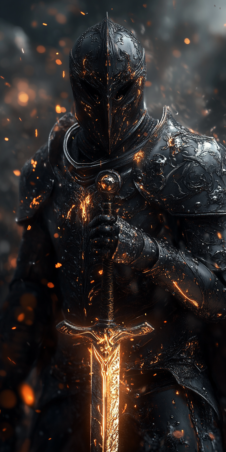 AI generated: Midjourney prompt: a knight in black and gold armor holding his sword... (Midjourney - Concept Art)