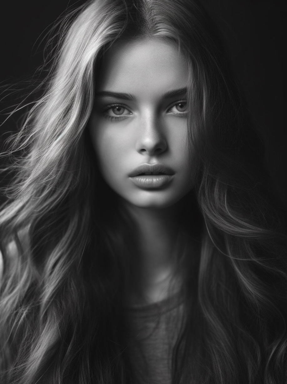 صورة مولدة بالذكاء الاصطناعي: Midjourney prompt: a black and white photo of a woman with long hair,... (نموذج Midjourney - تصوير فوتوغرافي)