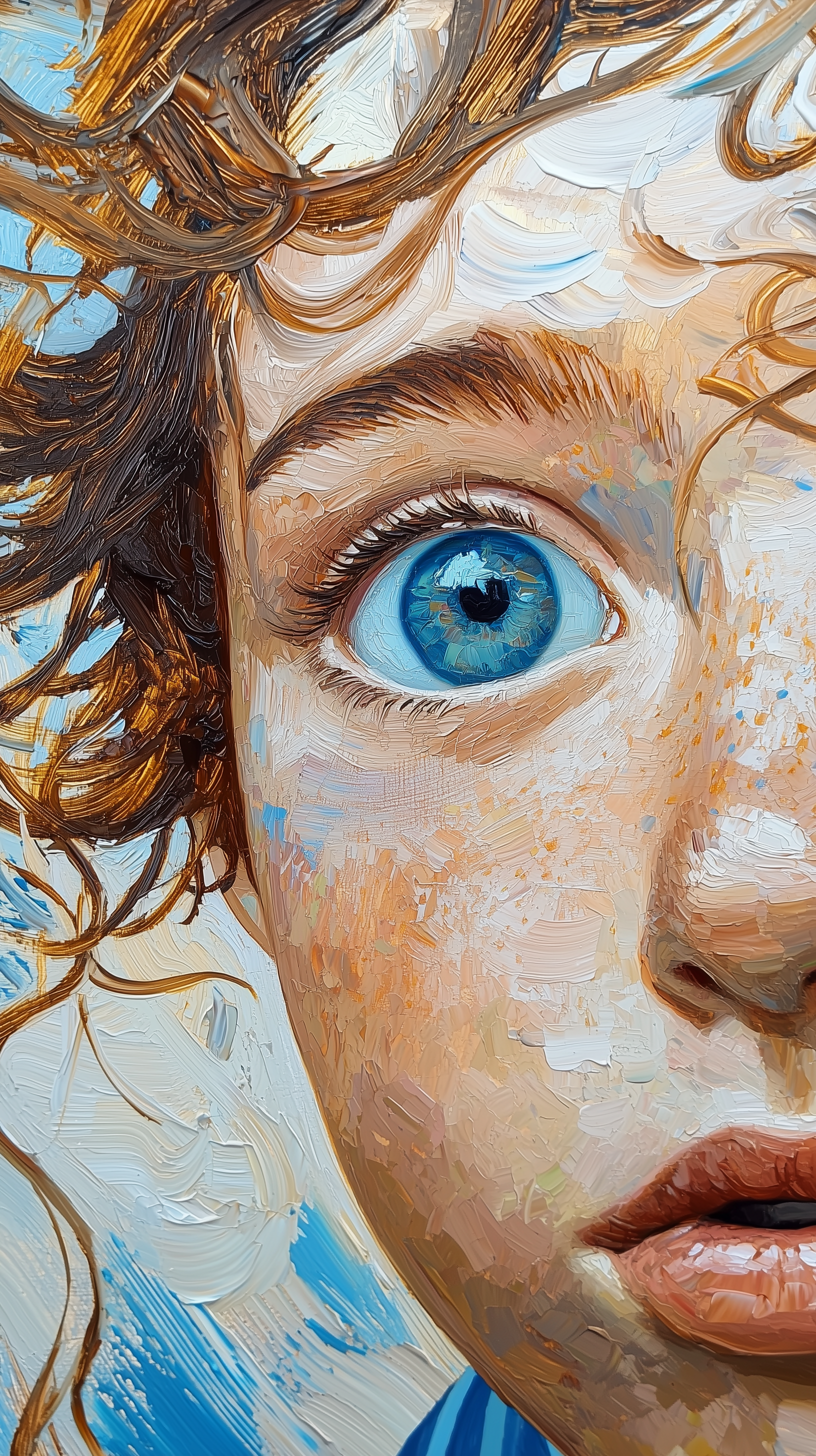 Midjourney prompt: oil painting, central close-up of a girl's face wi... - Midjourney