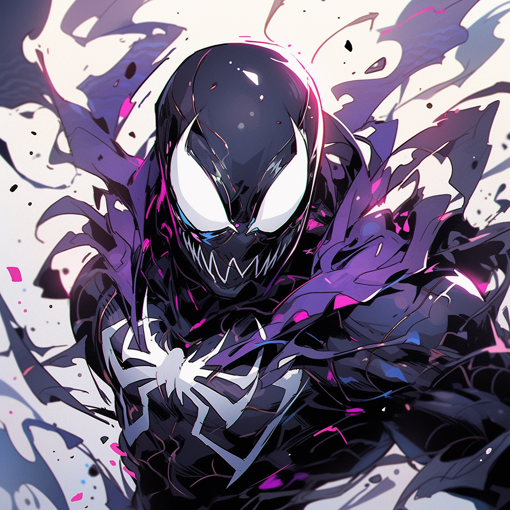 صورة مولدة بالذكاء الاصطناعي: Midjourney prompt: a black and purple spiderman venom --s 250 --niji (نموذج Midjourney - Character Design)