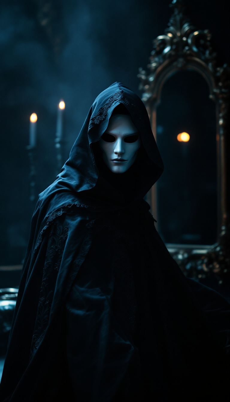 FLUX prompt: Dramatic portrait of a masked mystic in a shadowy ... - FLUX