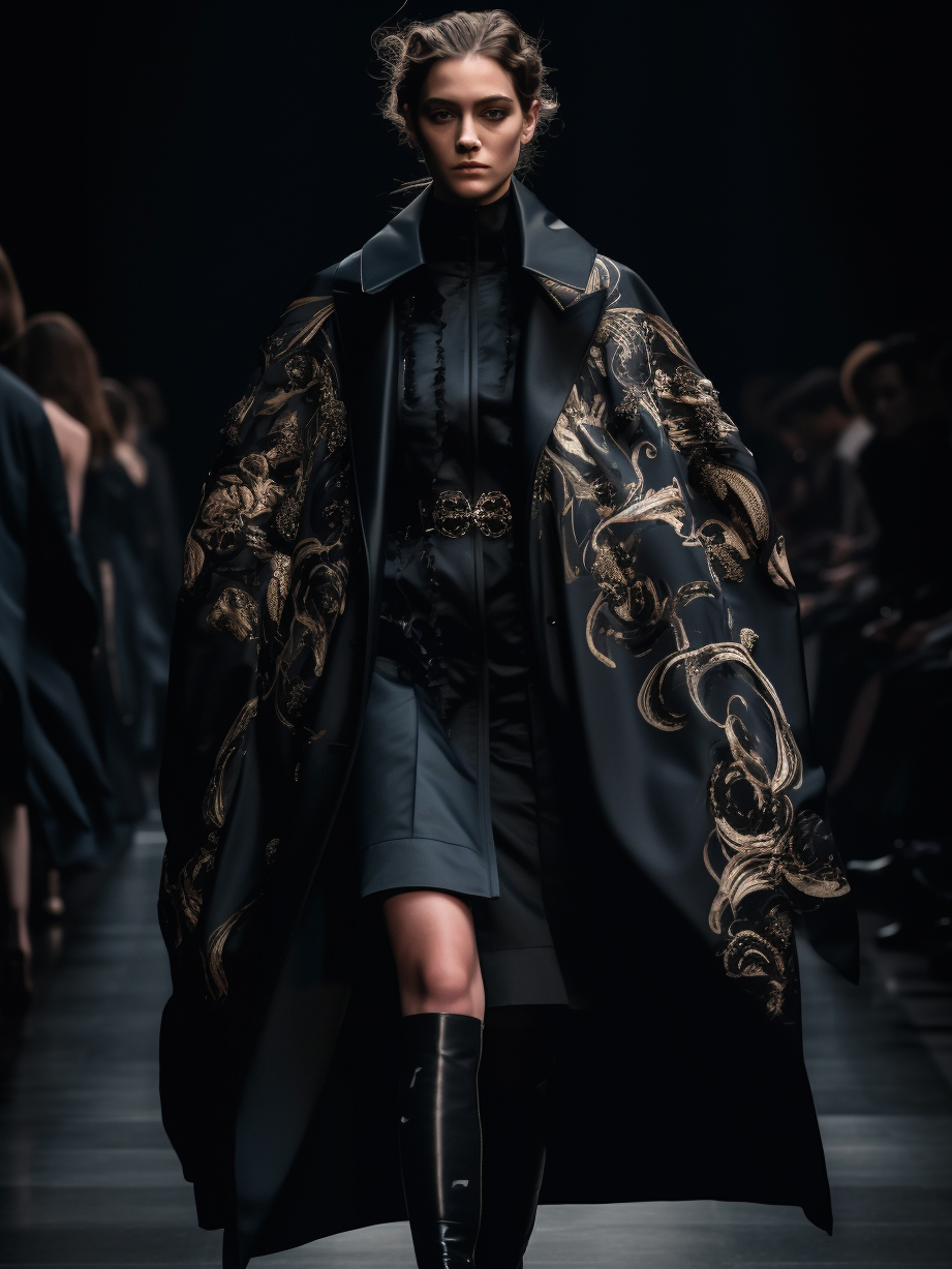 Midjourney prompt: a woman walking down a runway wearing a black coat... - Midjourney