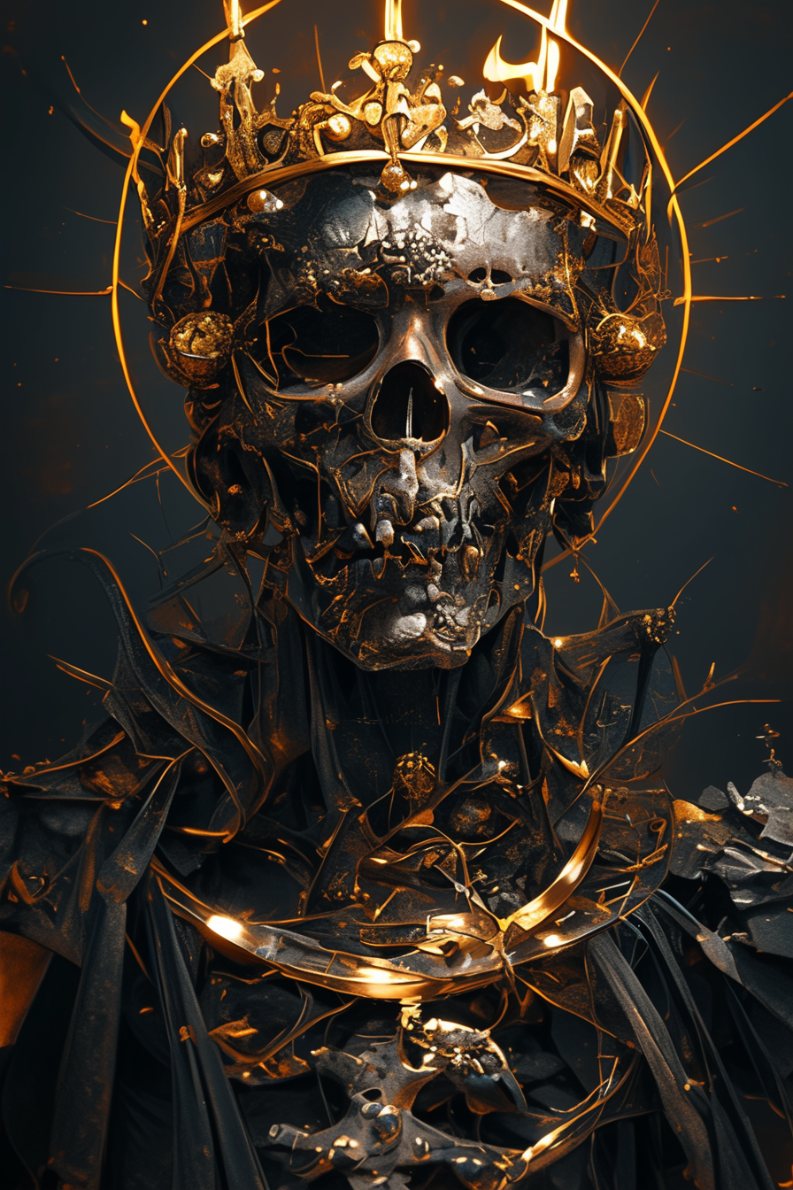 Midjourney prompt: a skull with golden crown on his head, in the styl... - Midjourney