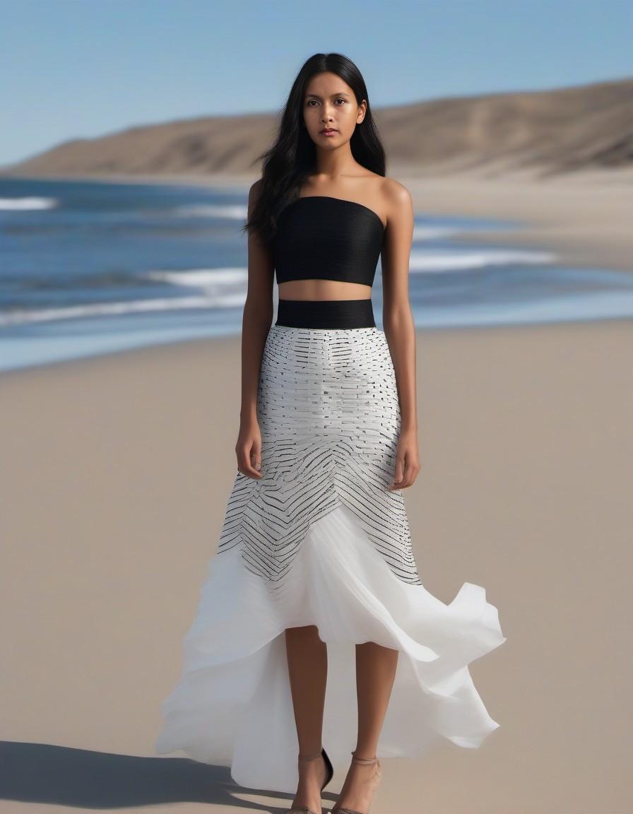Midjourney prompt: a woman in a white dress standing on a beach, naga... - Midjourney