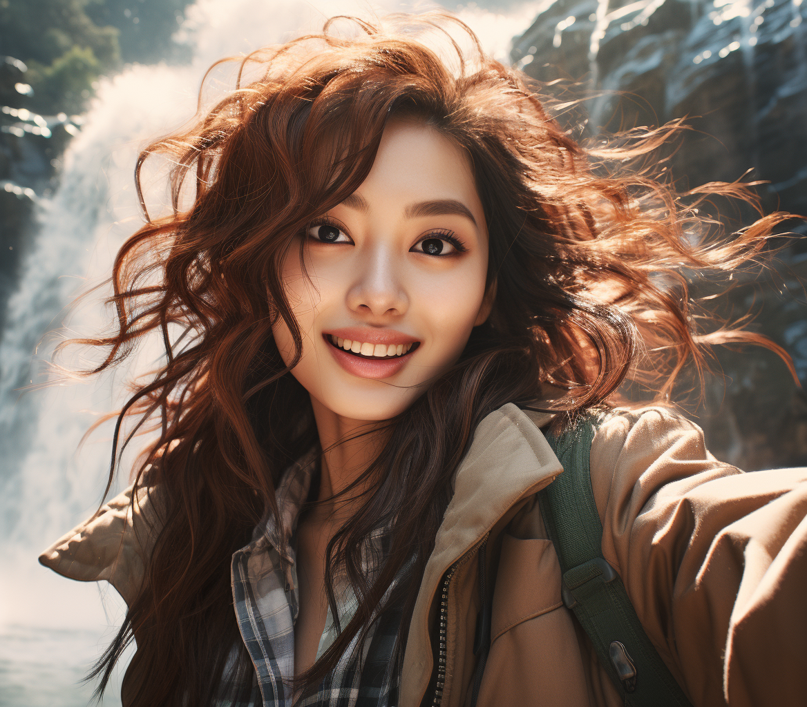 AI generated: Midjourney prompt: a woman is taking a selfie near a waterfall, in th... (Midjourney - Photography)