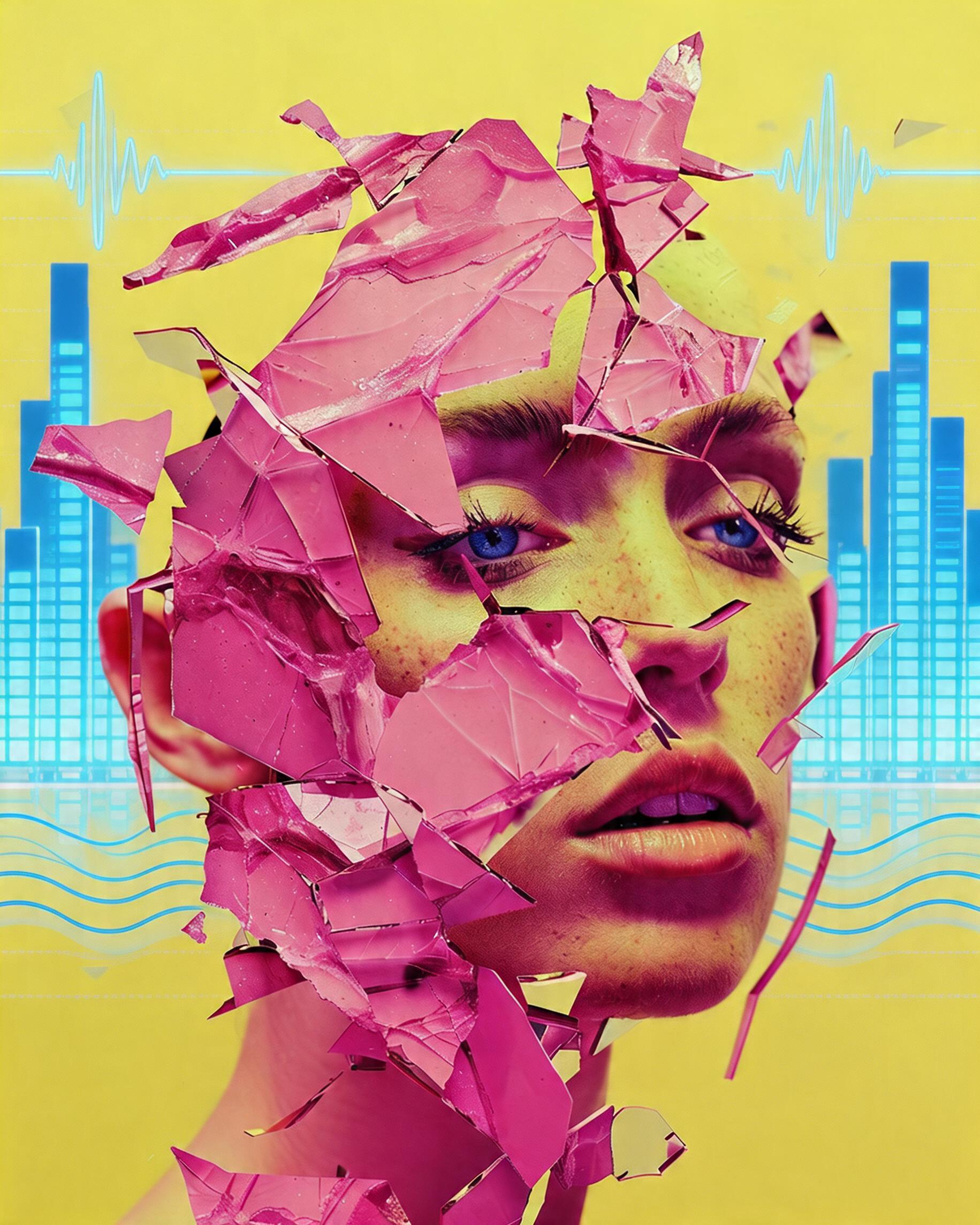 AI generated: Seedream 5 prompt: A beautiful female model made of pink broken piece... (Seedream 5 - Portraits)