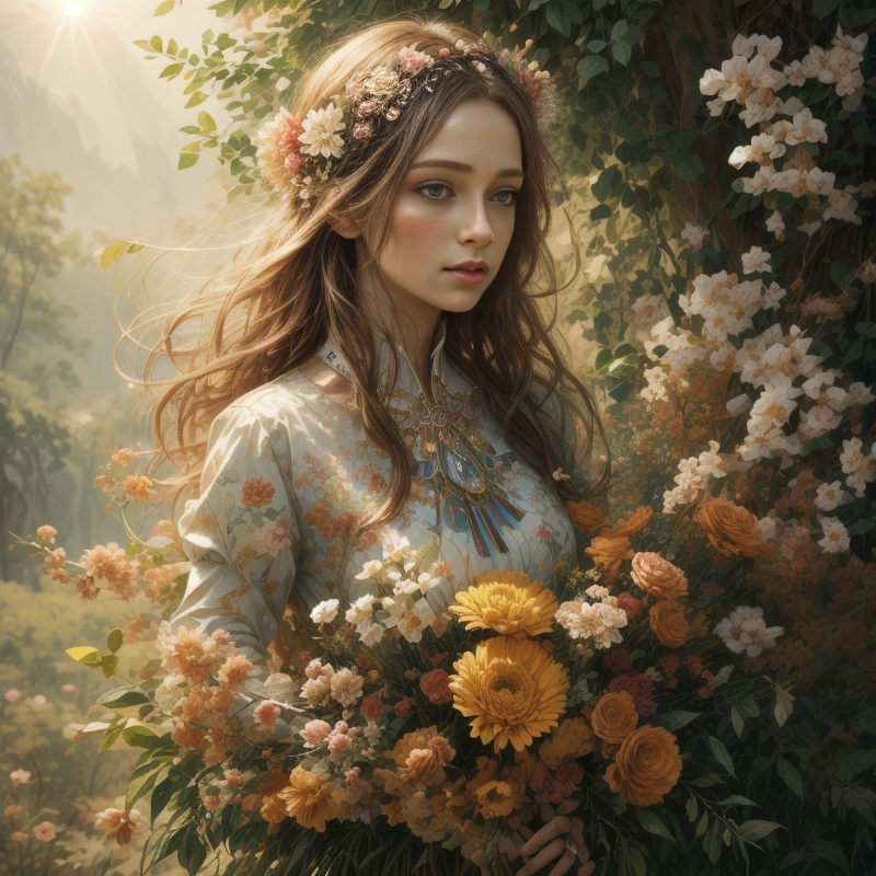 صورة مولدة بالذكاء الاصطناعي: Stable Diffusion prompt: commercial illustration of a woman dressed in flow... (نموذج Stable Diffusion - صور شخصية)