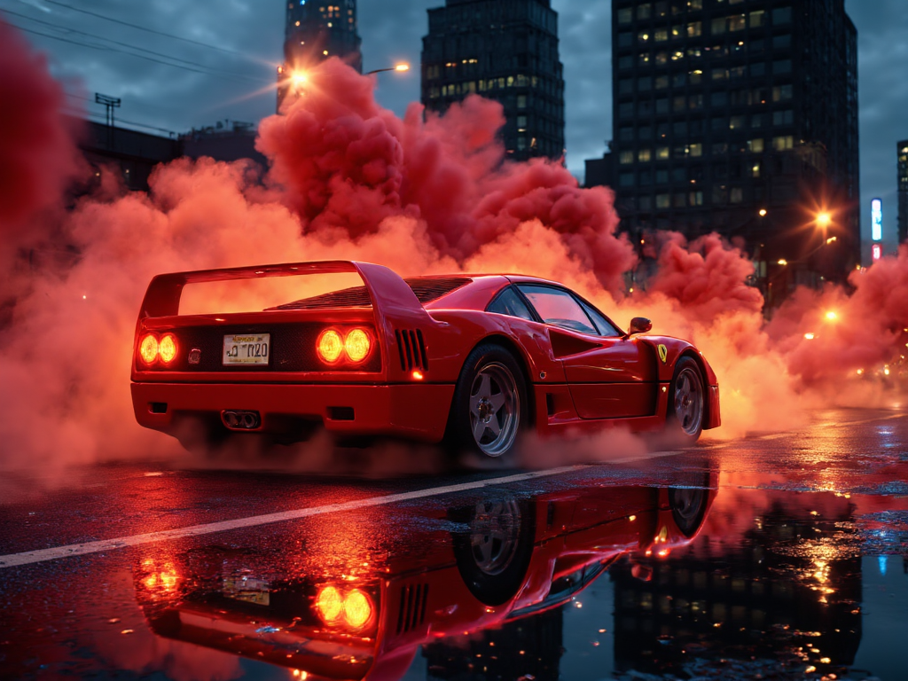صورة مولدة بالذكاء الاصطناعي: FLUX prompt: A hyperrealistic, cinematic shot of a Ferrari F40 ... (نموذج FLUX - تصوير فوتوغرافي)