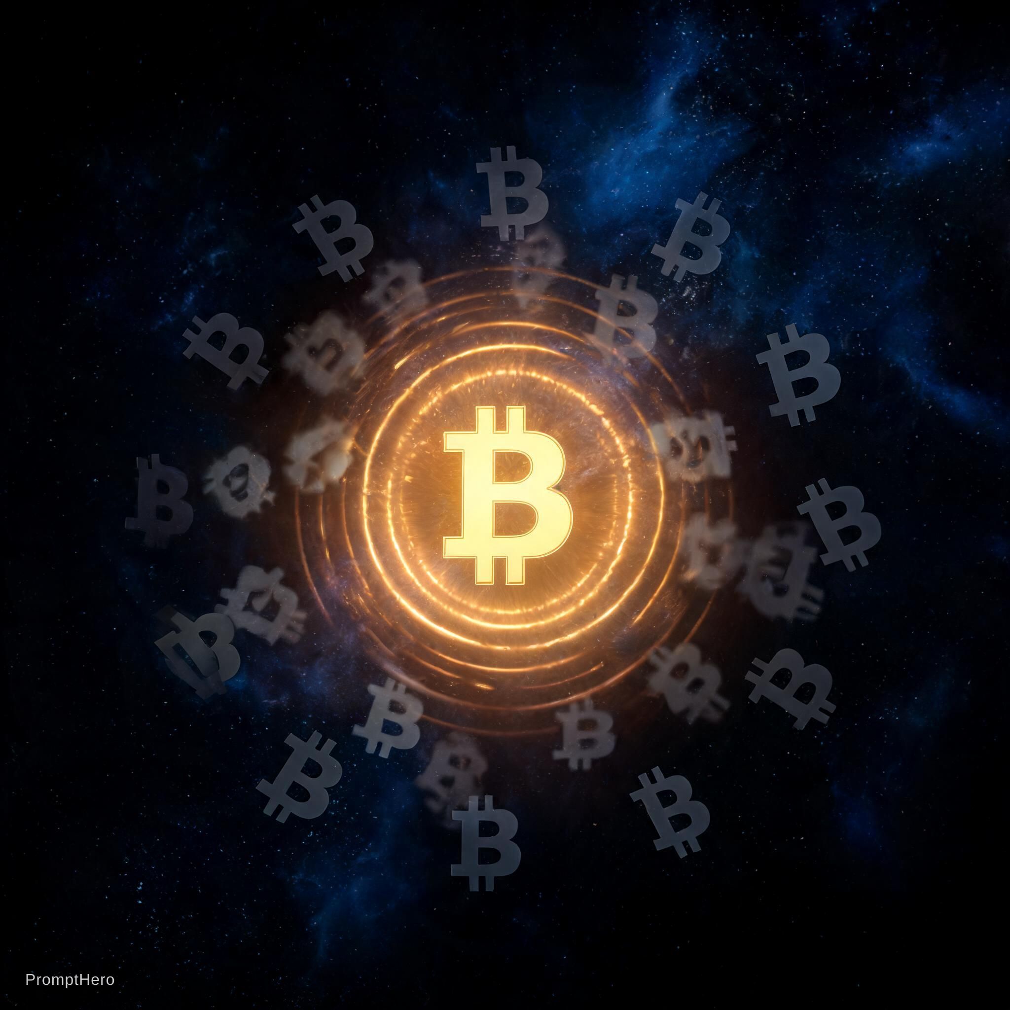صورة مولدة بالذكاء الاصطناعي: Seedream 5 prompt: A glowing Bitcoin symbol ₿ at the center, surround... (نموذج Seedream 5 - فن مفاهيمي)