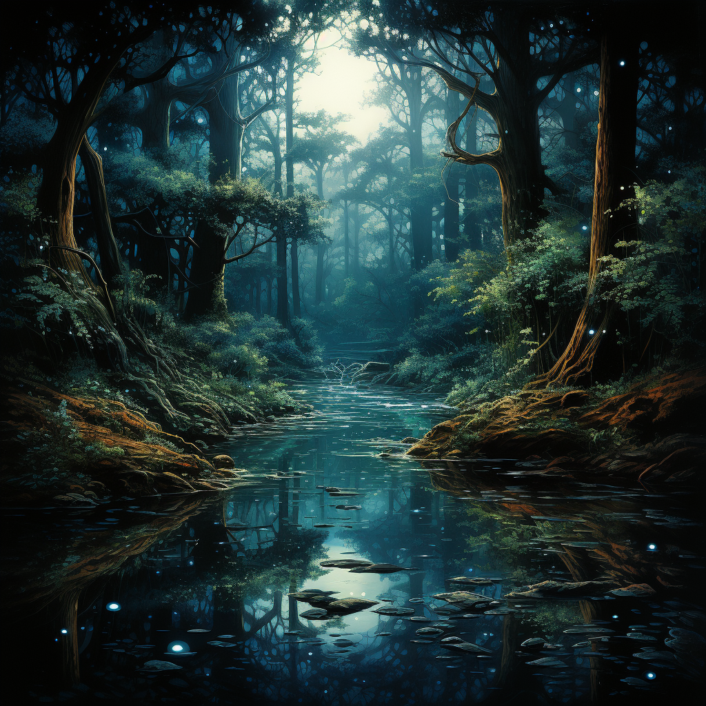 Midjourney prompt: Forest, large tree, river in the middle, full blue... - Midjourney