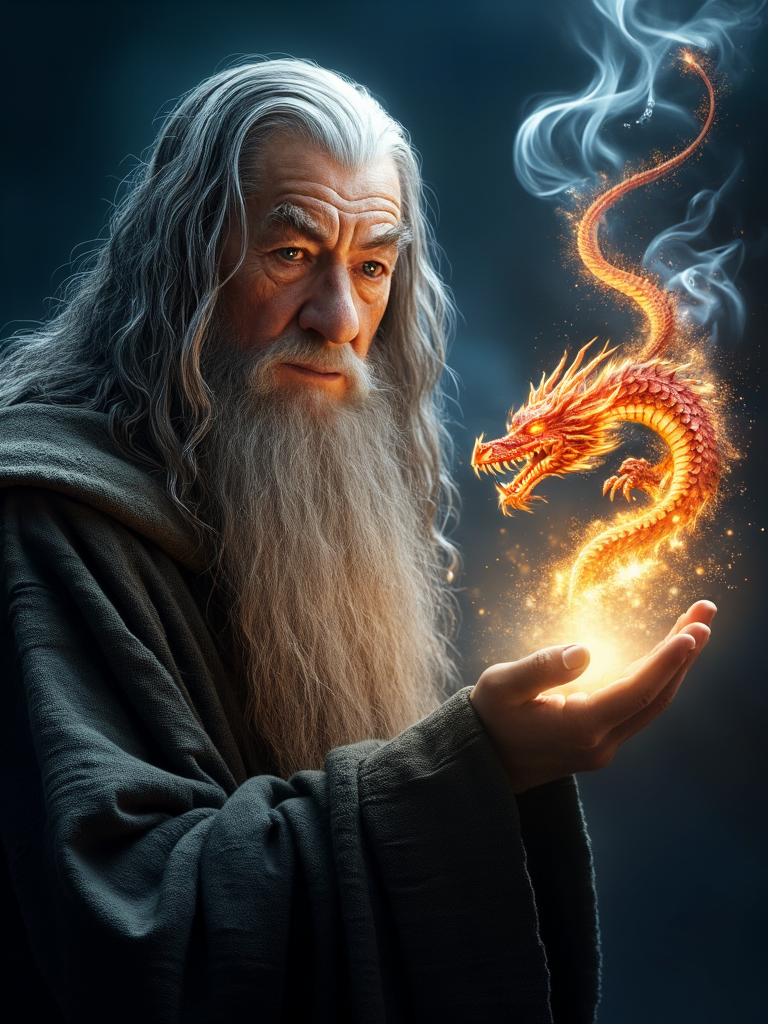 صورة مولدة بالذكاء الاصطناعي: FLUX prompt: A close-up, cinematic painting of Gandalf the Grey... (نموذج FLUX - Character Design)