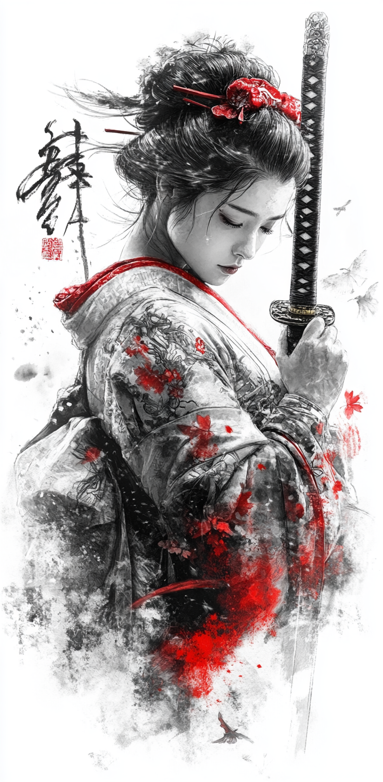 Midjourney prompt: beautiful geisha holding a sword, in the style of ... - Midjourney