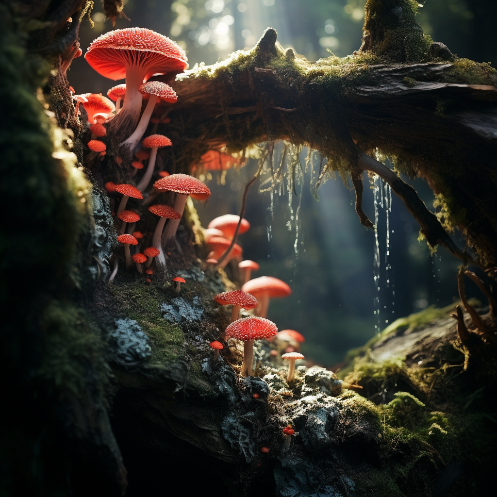 Midjourney prompt: red moss in the forest, in the style of matthias g... - Midjourney